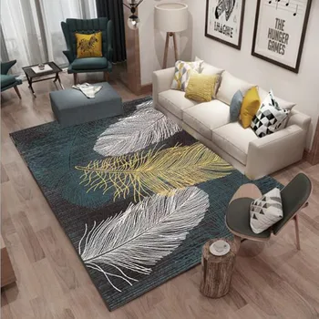 

The Nordic abstract feather living room carpet coral velvet rug rectangular sofa coffee table geometric mat bedroom tapete room