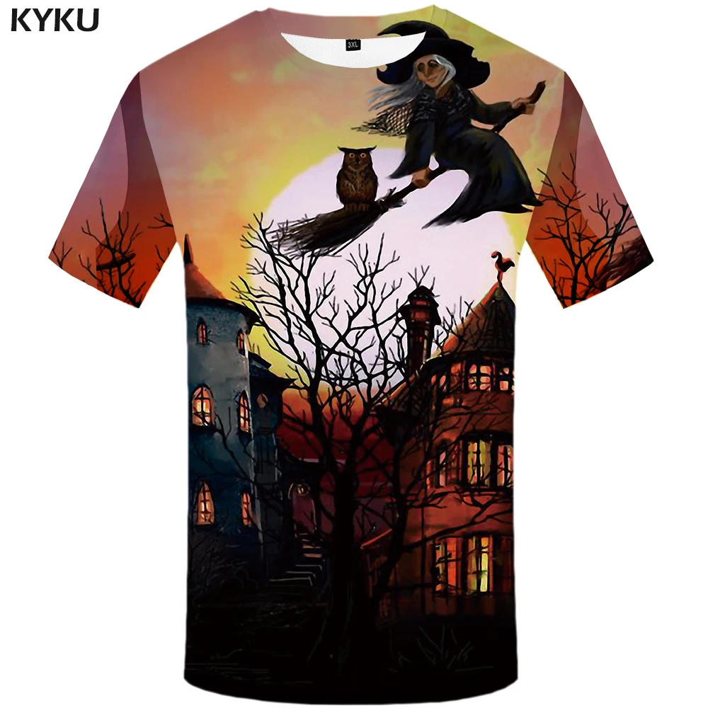 

KYKU 3d T Shirt Men Funny Printed Tshirt Party Halloween Witch T-shirt Anime Clothes Punk Rock Moon Mens Clothing Casual Tops