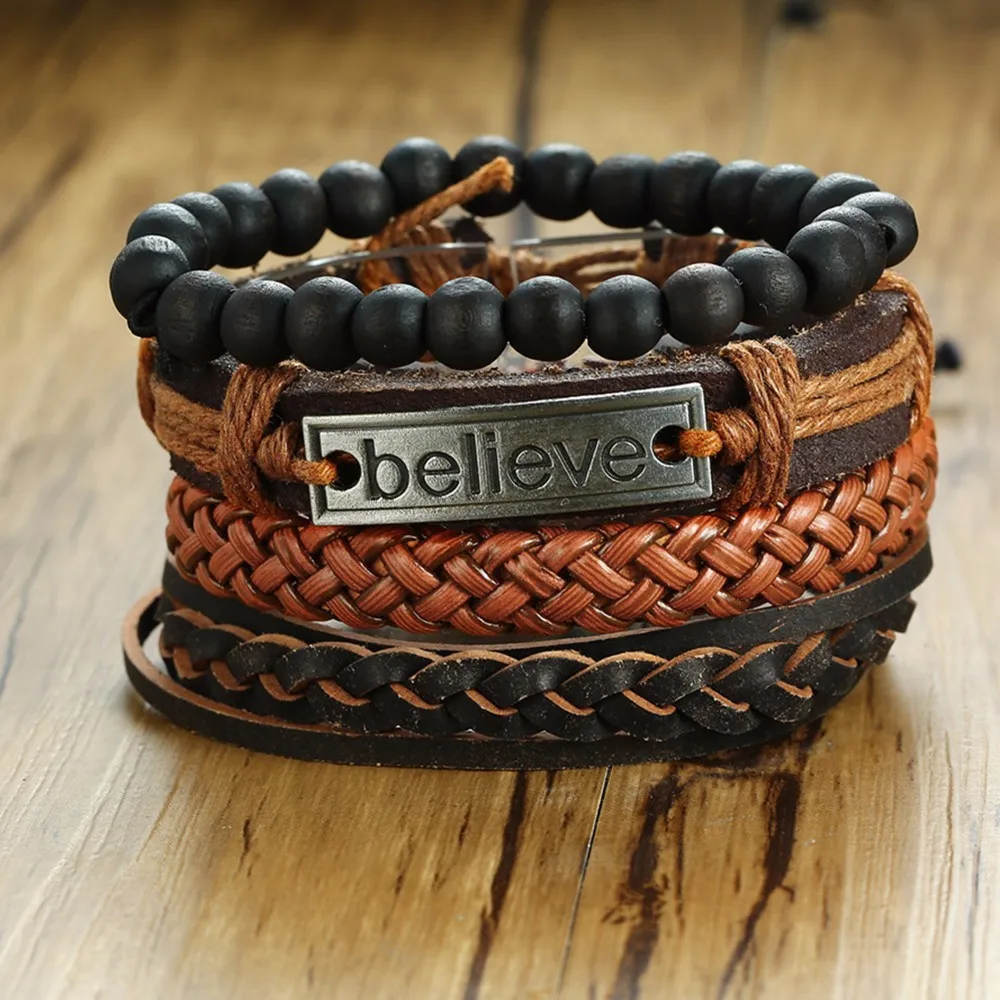 Buy 4 in 1 Men's Beads Weaving Leather "believe" Wrap