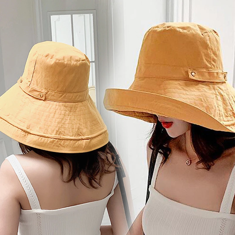 

Fashion Summe Women Girl Sun Hat Simple Lady Button Foldable Cotton Wide cap Ladies Wide Hats Outdoor Leisure Beach