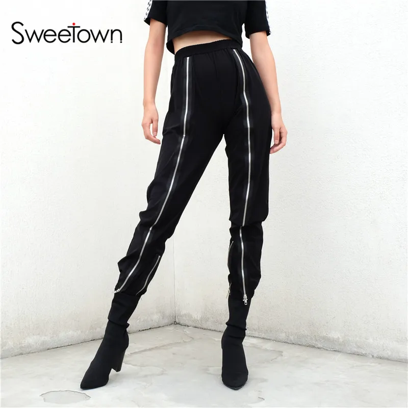 

Sweetown Black Harajuku Autumn Winter Long Jogger Pants Streetwear Casual Zipper High Waist Hip Hop Pantalon Femme Sweatpants