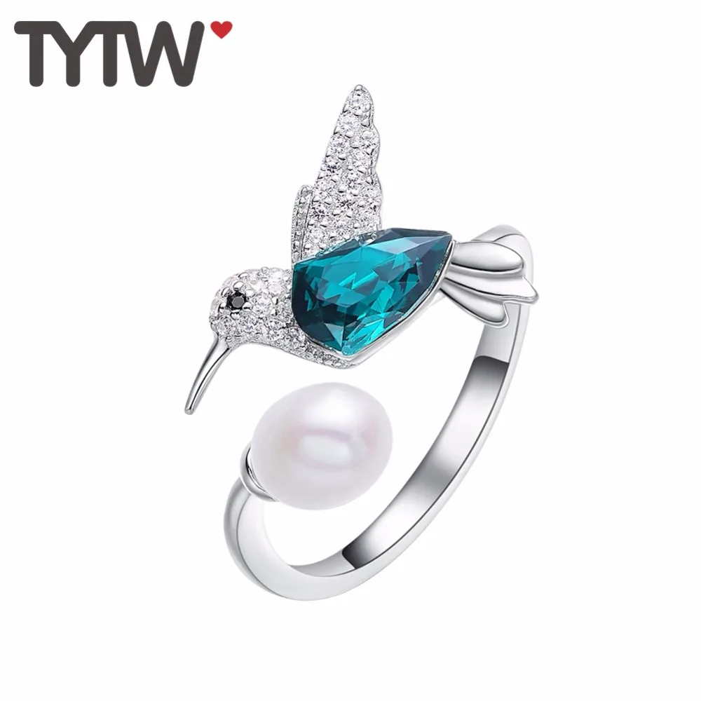 

TYTW Bird Animal S925 Silver Silver Green Crystals from Austrian Anniversary Engagement Free Size Open Ring for Women Lady gift