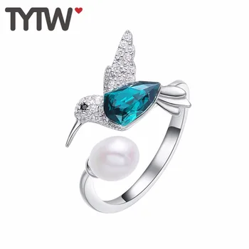 

TYTW Bird Animal S925 Silver Silver Green Crystals from Austrian Anniversary Engagement Free Size Open Ring for Women Lady gift