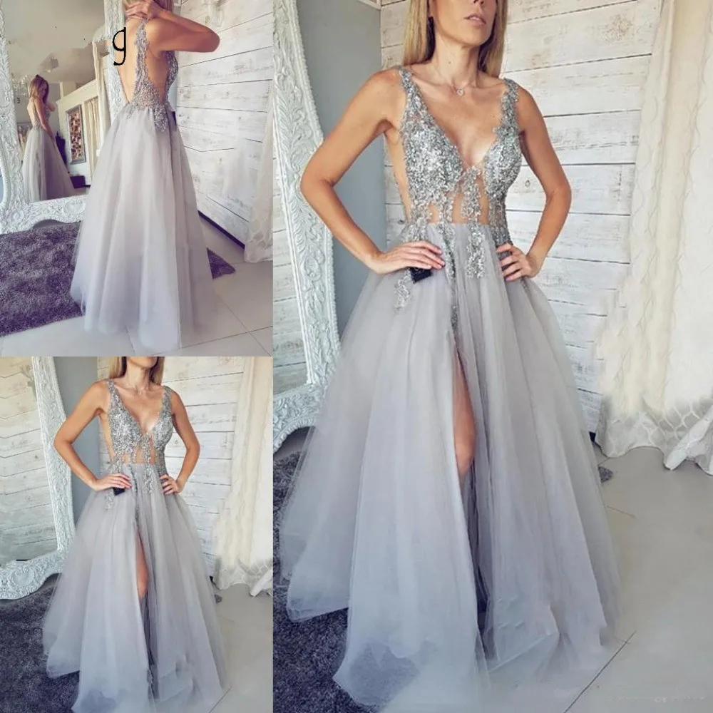 

Silver 2019 Prom Dresses A-line Deep V-neck Tulle Beaded Lace Slit Party Maxys Long Prom Gown Evening Dresses Robe De Soiree