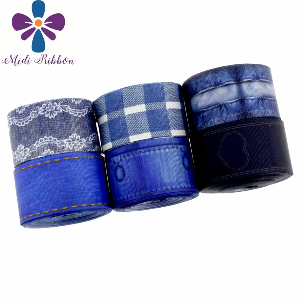 

1-1/2"38mm Jeans Series Geometric Patterns Printed Grosgrain Ribbon Denim Like Lace DIY Party Gift Hair Band Making 10yards/roll