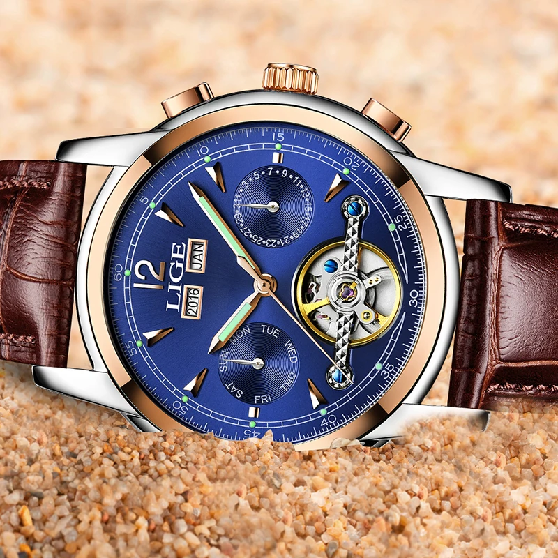 Для мужчин часы lige top бренд класса люкс Бизнес автоматические механические часы Для мужчин кожа Водонепроницаемый спортивные часы мужские часы Relogio Masculino