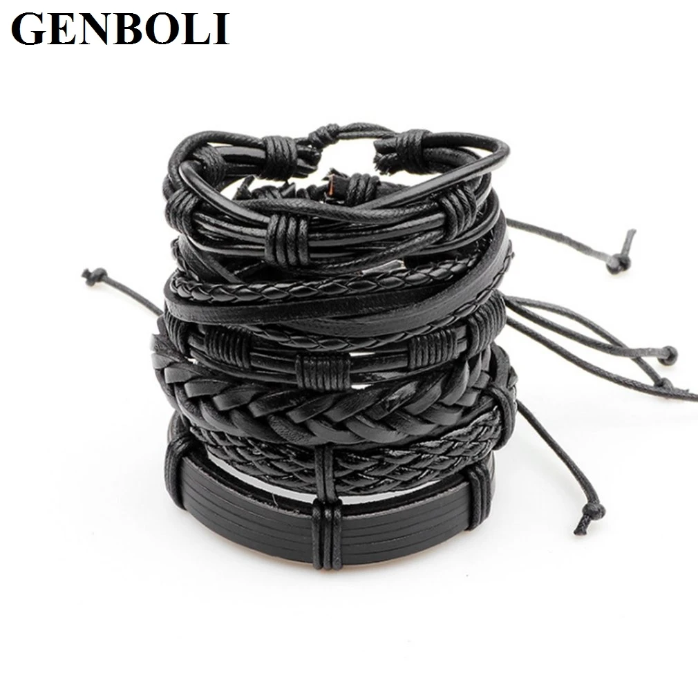 

GENBOLI 6 STK/SET men PU Leather Bracelet Weave Wrap Armband Multilayer kant-up heren Armband
