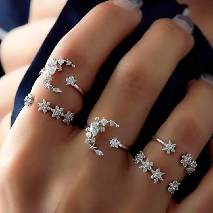 

5pcs Cute Midi Moon Flower Ring Set Fashion Small Joint Knuckle Full Finger Ring Vintage Jewelry 2019 New Year Gifts