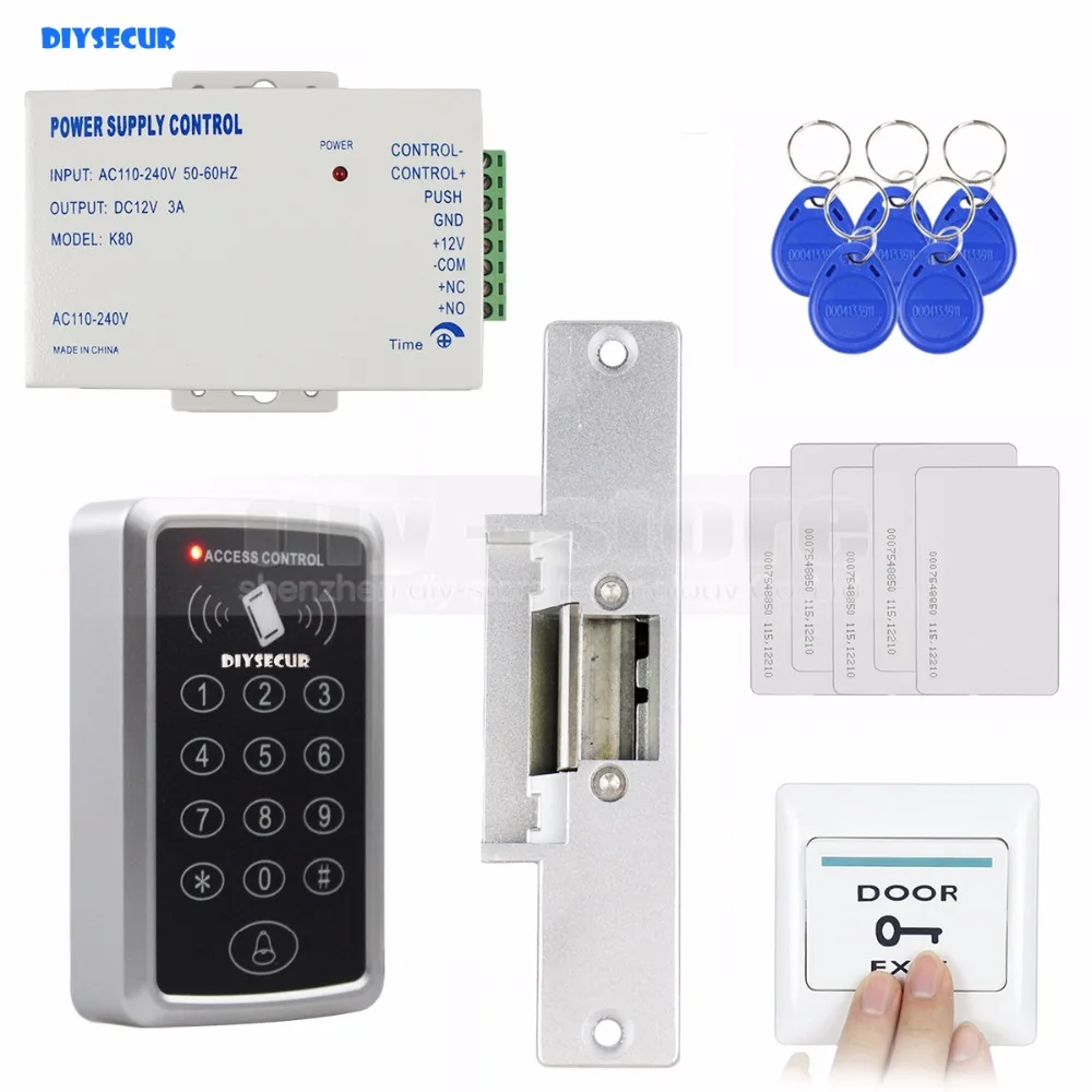

DIYSECUR 125KHz RFID Reader Password Keypad Access Control System Full Kit Set + Electric Strike Door Lock + Power Supply