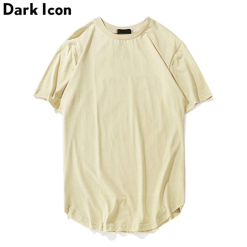 

DARK ICON Solid Color Curved Hem Hip Hop T-shirt Men 2018 Summer Extended Long Line Tshirts Men's Tee 5 Khaki Pink Grey