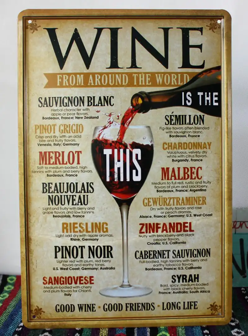 Wine From Around The World Metal Tin Wall Sign Plaque Door 30 x 20 cm