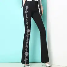 Плюс размер вышивка цветы брюки женские новые модные OL повседневные расклешенные брюки длинные джинсы