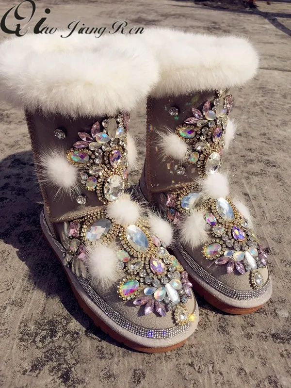 

Handmade custom rex rabbit fur gem leather snow boots Europe and the United States brand non-slip women snow boots