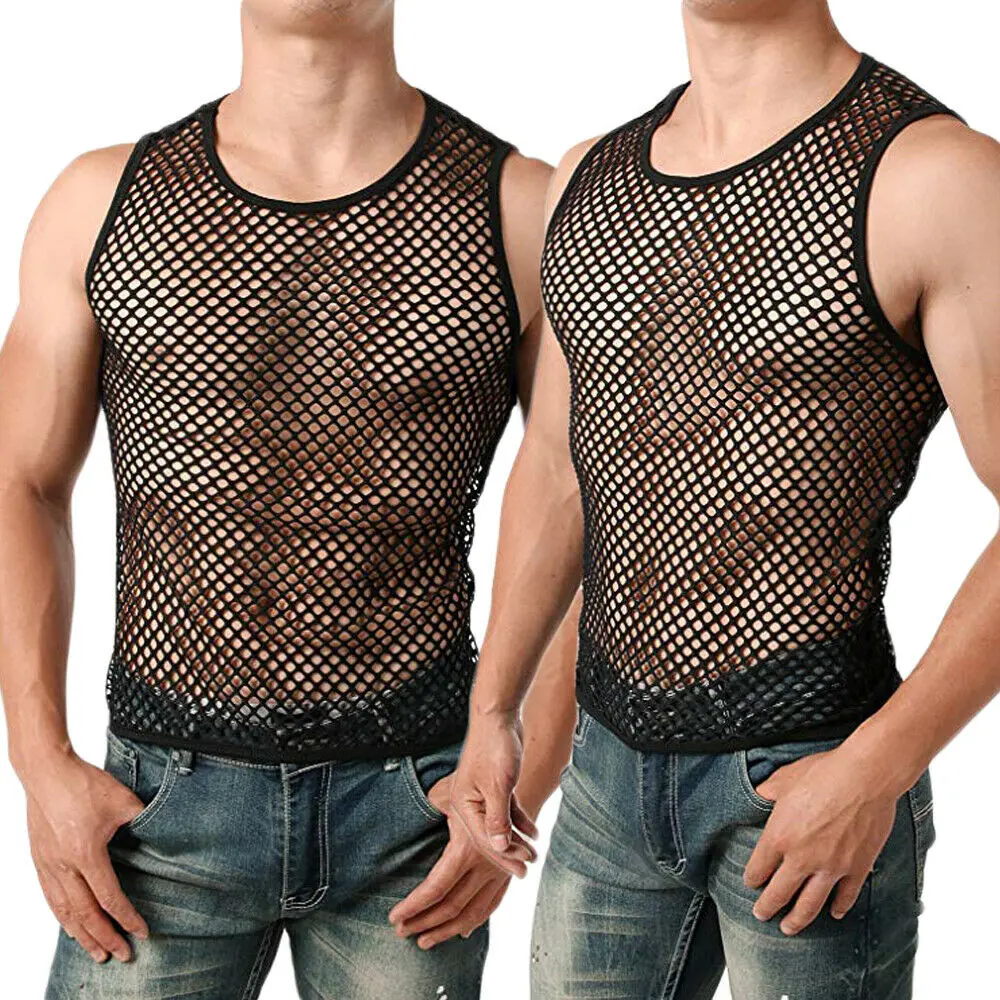 

Male Sexy Black Sheer T Shirts Male Mesh See Through Transparent O-neck Sleeveless Inner Plaid Tank Tops Plus Size XXL