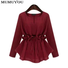 Женская хлопковая льняная футболка с длинными рукавами, однотонный офисный женский тонкий корсет со шнуровкой, большие размеры, XL-5XL, топы с круглым вырезом, весна-осень, 200-A655