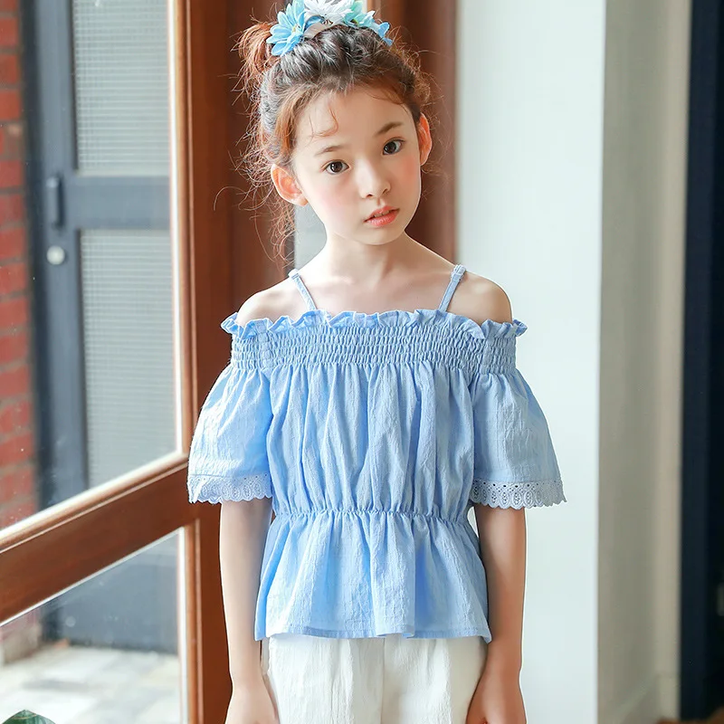2018 new summer off shoulder little girls blouses shirt short sleeves