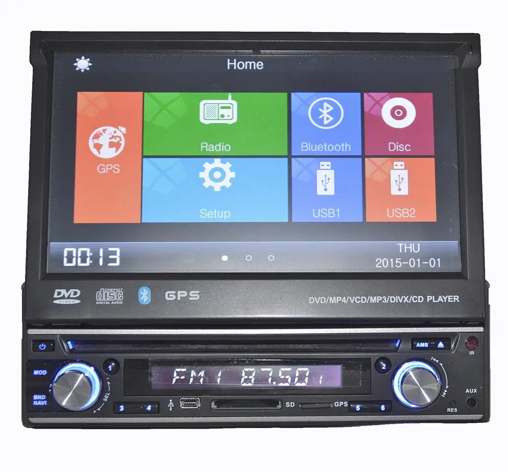 Sale universal 1 Din 7" Car DVD GPS player with audio Radio stereo,USB/SD,BT,free map,rear view camera,Manually retractable screen 24