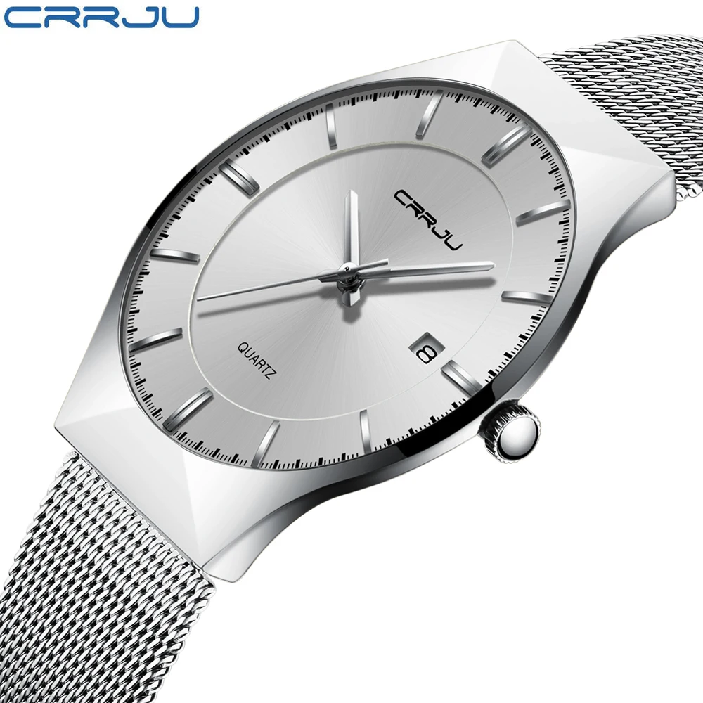 

CRRJU Luxury Brand Watches Men Quartz-Watch Stainless Steel Silver Mesh Strap Ultra Slim Dial Waterproof Clock Relogio Masculino