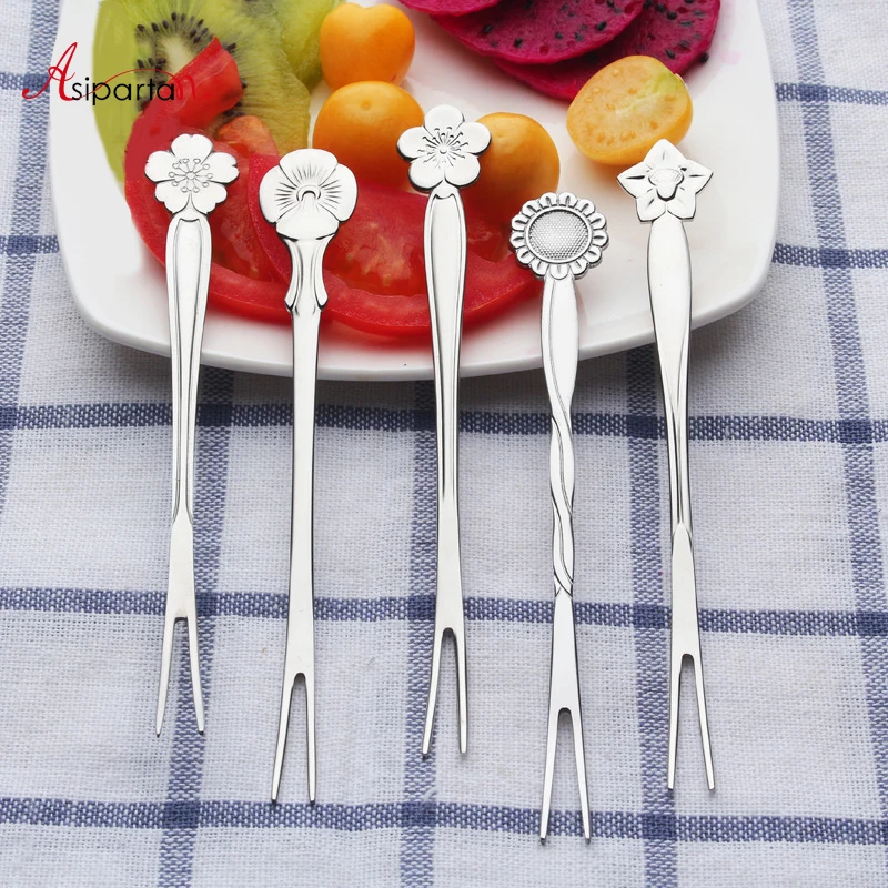 

Asipartan 1PC Stainless Steel Flower Handle Fruit Fork Dessert Salad Forks Cocktail Picks Kitchen Bar Tableware Party Decoration