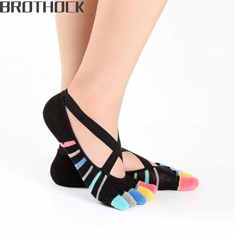 

Brothock Factory direct cross straps five fingers yoga socks female cotton silicone anti-skid boat socks lace dance toe socks