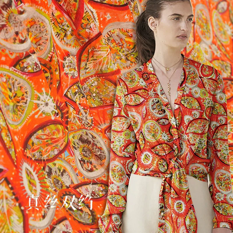 

Free shipping catwalk silk double crepe fabric 16mm140cm wide yellow leaves silk double inkjet spring and summer silk fabric jxz
