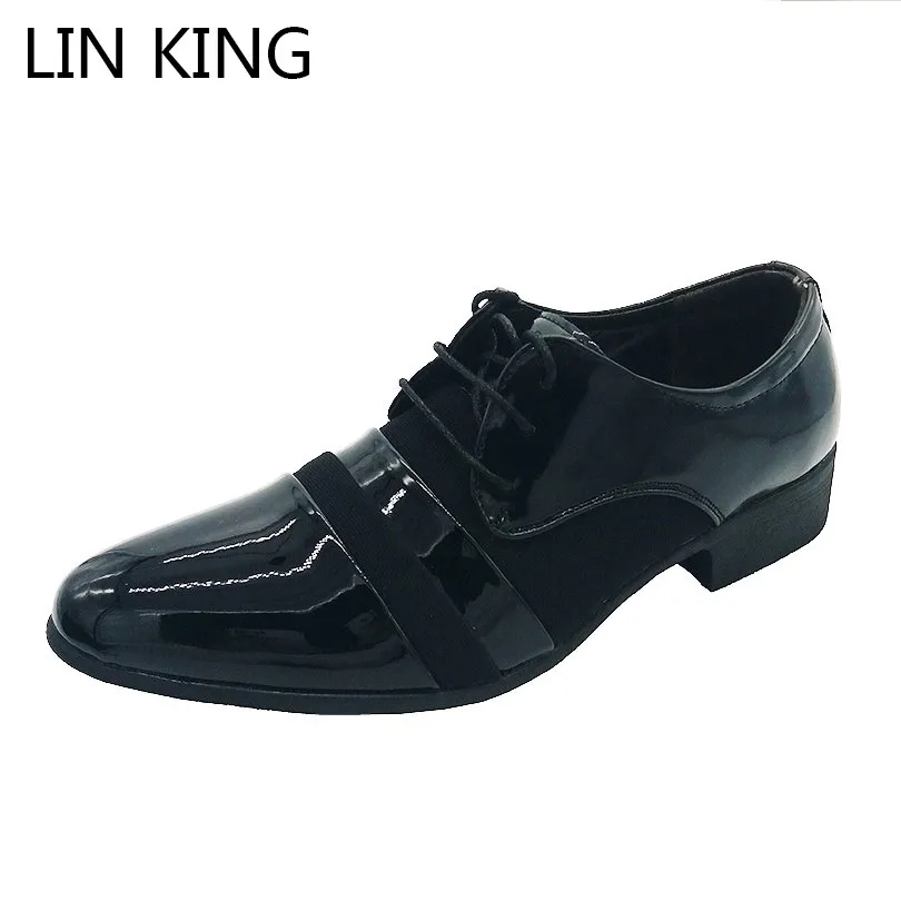 

LIN KING Black Men Oxfords Shoes Pointed Toe Lace Up Wedding Shoes Casual Pu Leather Ankle Business Office Dress Shoes For Male