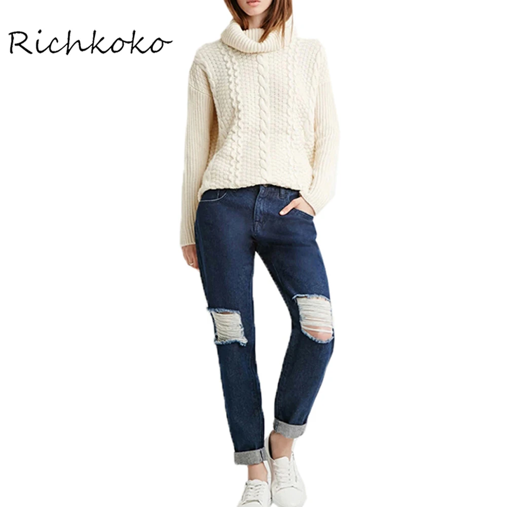 

Richkoko Apparel Kneen Broken Hole Boyfriend Style Loose Jeans Light Blue Vintage Harem Pants  Low Waist Distressed Denim Jeans