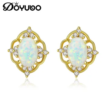 

DOYUBO Elegant Women's White Opal Silver Earrings Classical Gold Color 925 Sterling Silver Oval Opal Earrings Fine Jewelry VC221
