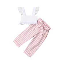 Conjunto de 2 unids/set de ropa para niñas pequeñas, Chaleco con volantes, camisetas + Pantalones a rayas, trajes de verano