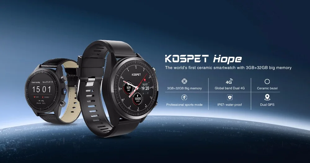 Смарт-часы Kospet Hope Android 7,1 3GB+ 32GB Dual 4G 1,3" AMOLED wifi/gps/8.0MP Sim IP67 водонепроницаемые MT6739 Смарт-часы телефон