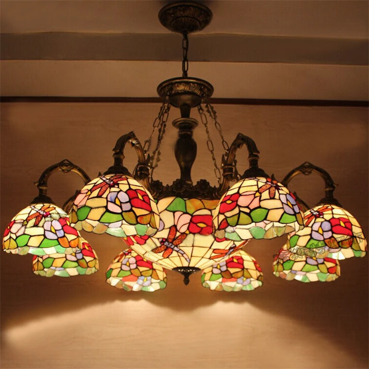 Classical Stained Glass Pendant Light Artistic Tiffany Bar Cafe Lamp Living Room Pendant Light Flowers Shape Dia 100cm