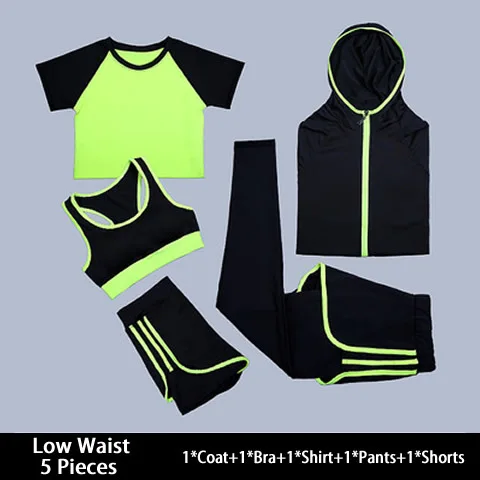 Low waist green 5 шт., комплект для йоги, спортивный костюм для фитнеса, спортзала, спортивная одежда, быстросохнущие спортивные костюмы для йоги, бега, бюстгальтер, штаны для бега, Xxxl - Цвет: Low waist green