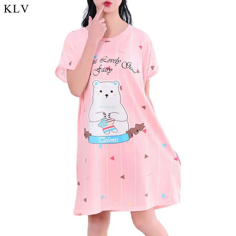 

KLV Womens Girls Summer Cute Cartoon Short Sleeve Nightgowns Printed Sleepshirt Colorful Pattern Nightdress Sleepwear Plus Size