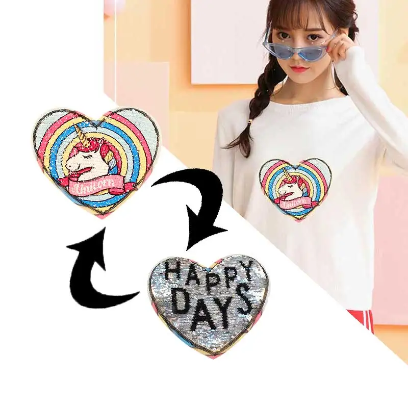 

Pulaqi Kids Heart Reversible Sequin Sew On Patches For Clothing Applique Unicorn Embroidered Patches Applique Clothes Stripe DIY