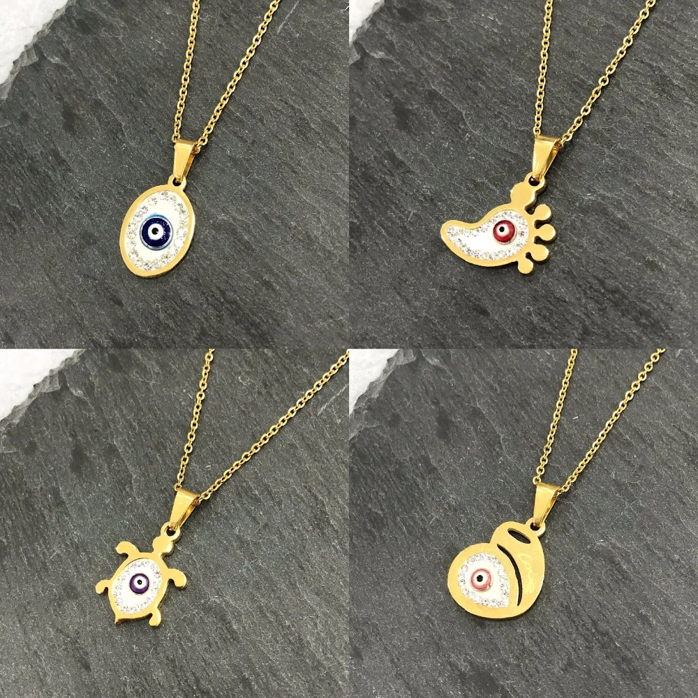 

Turkish Crystal Evil Eye Hand Hamsa Pendant Necklace Heart Pendants Charms Stainless Steel Womens Jewelry Clavicle Link Chains