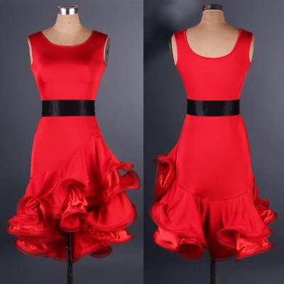 Одежда для танцев, платье для латинских танцев для женщин, 2 шт.(платье+ пояс), бальное платье для танцев, распродажа, юбка для танго - Цвет: Красный