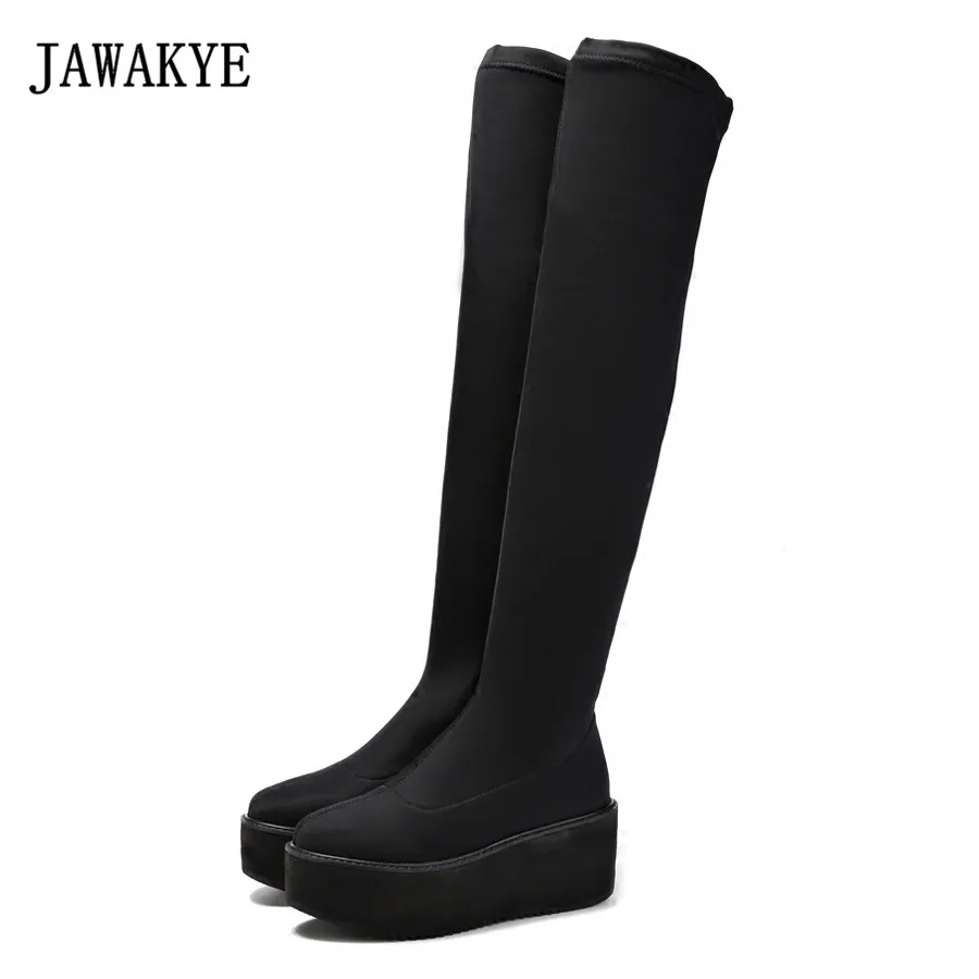 

2017 New Black Stretch Platform Thigh high boots Women Round toe Smooth elastic cloth real Suede wedge heel Over the knee boots