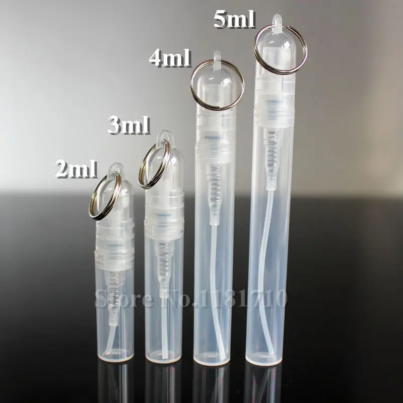 50 шт./лот 2 мл/3 мл/4 мл/5 мл пластиковые духи парфюмированный спрей в бутылке распылитель с кольцом для ключей косметический образец Пробник продвижение