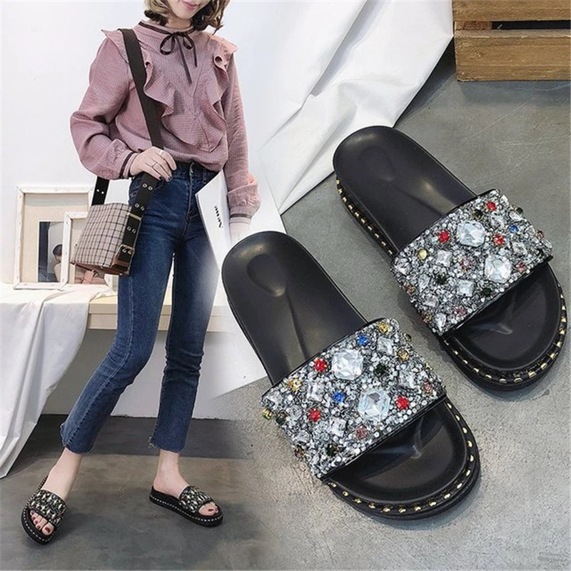 

ENPLEI rhinestone word-shaped flip-flops female wild thick flat with flip-flops summer new non-slip comfort shoes Size 35-40