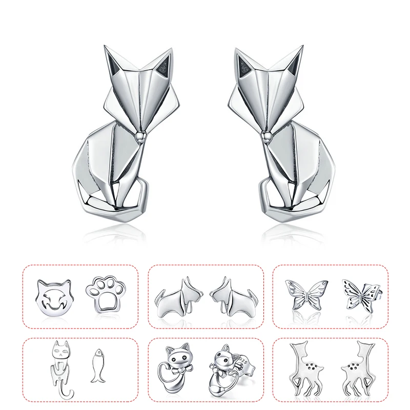 

BISAER High Quality 925 Sterling Silver Folding Fox Silver White CZ Stud Earrings Jewelry Making Gifts for Lover&Mother GXE526