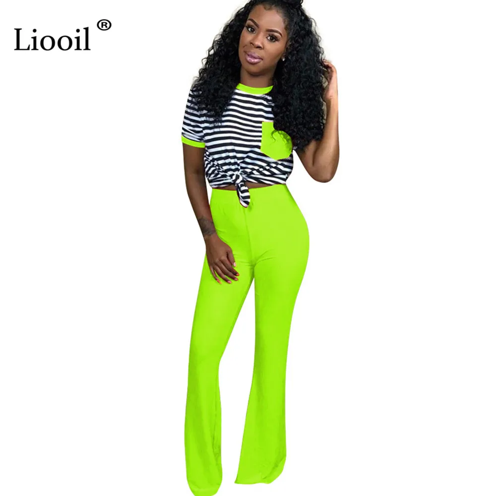 

Liooil Neon Green Red Sexy Bodycon Two Piece Outfits For Women Striped T Shirt Crop Top With Pockets And Flare Pants Tights Set