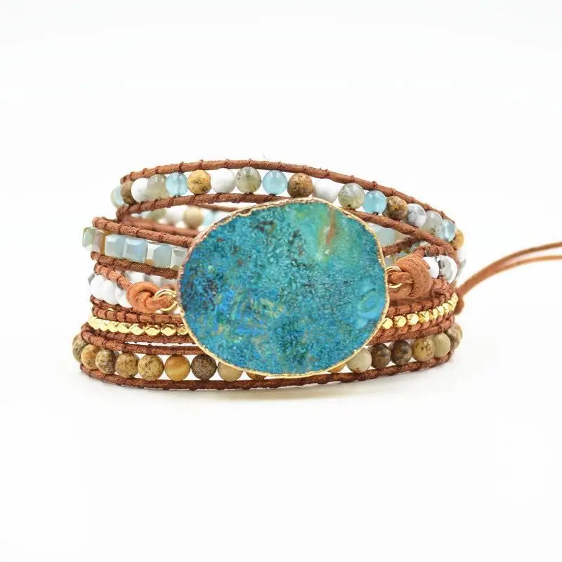 Latest 2018 – 5X Leather Wrap Beaded Bracelet Huge OceanStone Bracelet, Boho Chic Jewelry, Bohemian Bracelet Valentine’s Gift!