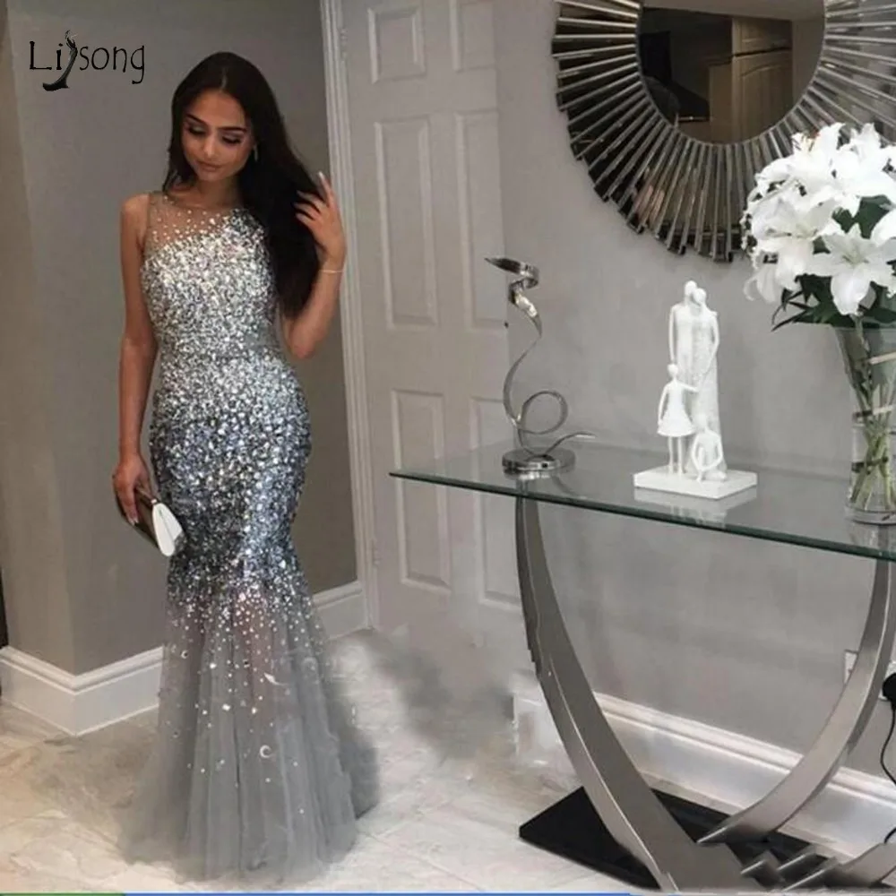 

Luxury Crystal Gray Long Mermaid Prom Dresses Beaded Dubai Formal Evening Party Dress Prom Gowns Robe De Soiree Abendkleider