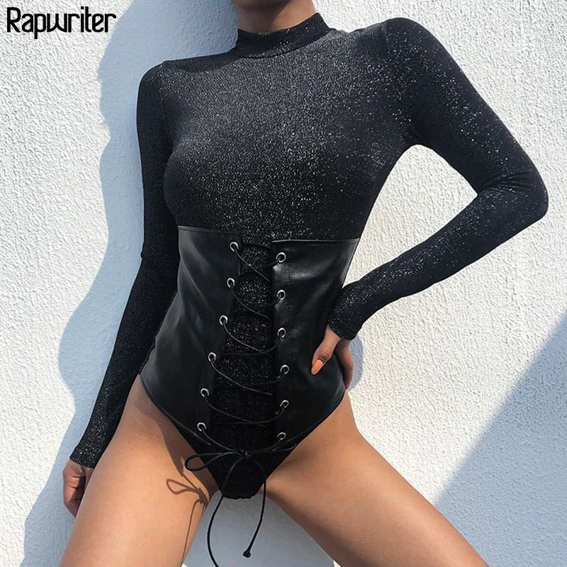 Comprar Rapwriter Sexy de cuello alto Pu Patchwork de brillo mono de las mujeres de la primavera de 2018 de manga larga vestido de una pieza mono