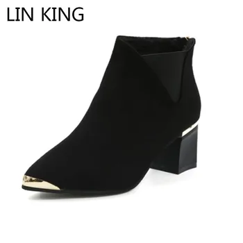 

LIN KING Fashion Women Boots Flock Ankle Boots Spring Autumn Women Boots Ladies Party Western Short Boots Plus Size 35-41