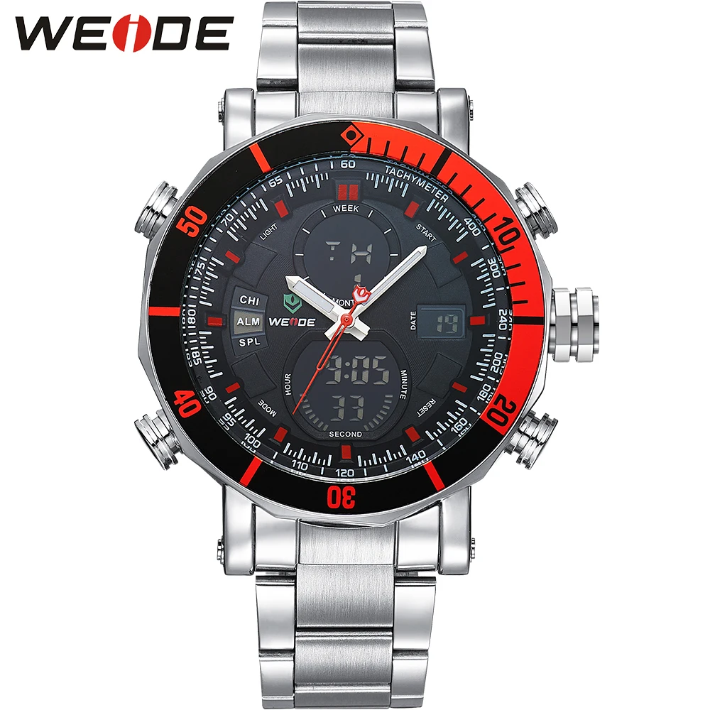 

WEIDE Luxury Brand Stainless Steel Watch Mens Sports Multi-function Analog Quartz Digital Alarm Stopwatch Clock horloges mannen