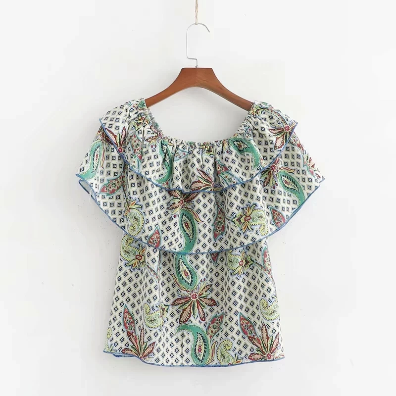 

Women Slash Neck Cascading Ruffle Printed Shirt Smock Female Blouse Tops 2019 Summer Blusas Mujer S5786