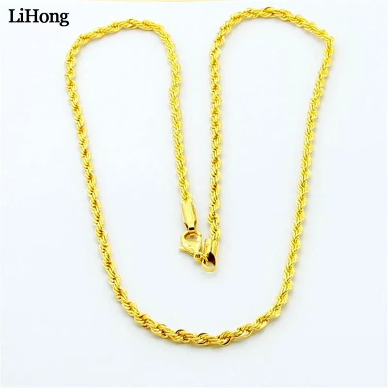 

Men's 24K Yellow Filled 3MM Twisted Rope Lobster Buckle Chain Necklace Fashion Jewelry Rope Chain Gold Color Twisted Necklace