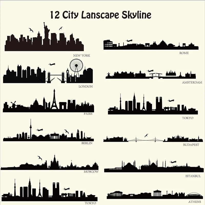 12 городской пейзаж, настенная наклейка, современный городской горизонт, наклейка на стену, сделай сам, украшение на стену для дома, съемная огранка, виниловые пары, Лондон, Париж