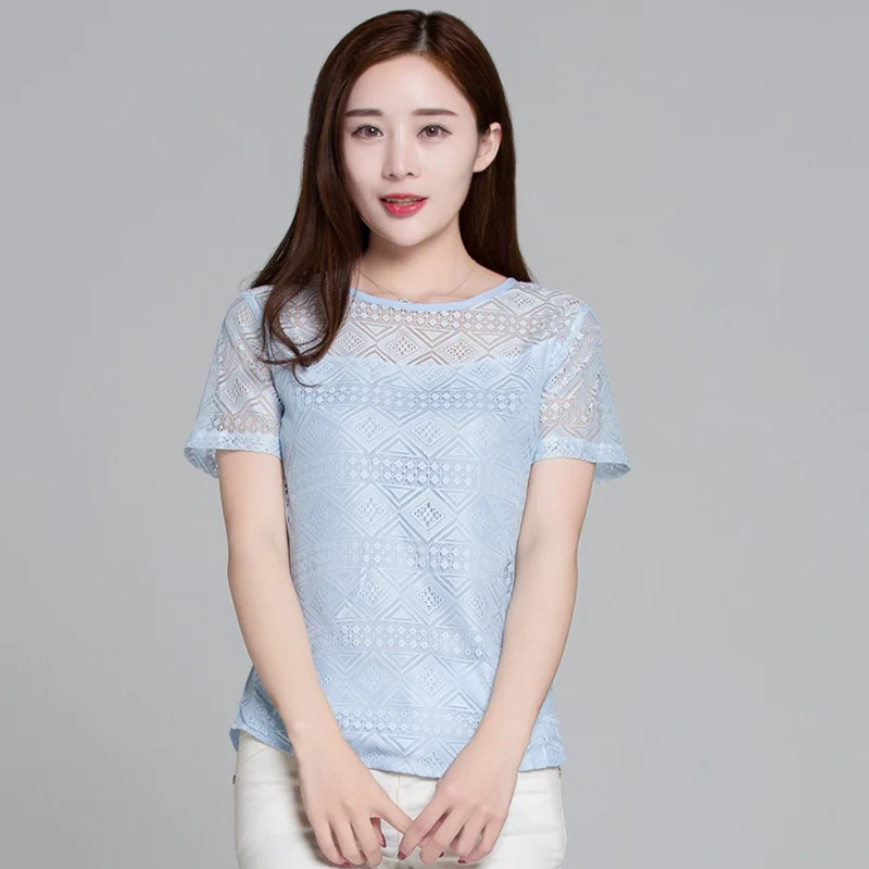 

Ladies Tops Hollow Lace Short Sleeves Slim Fit Crew Neck Shirts for Summer -MX8